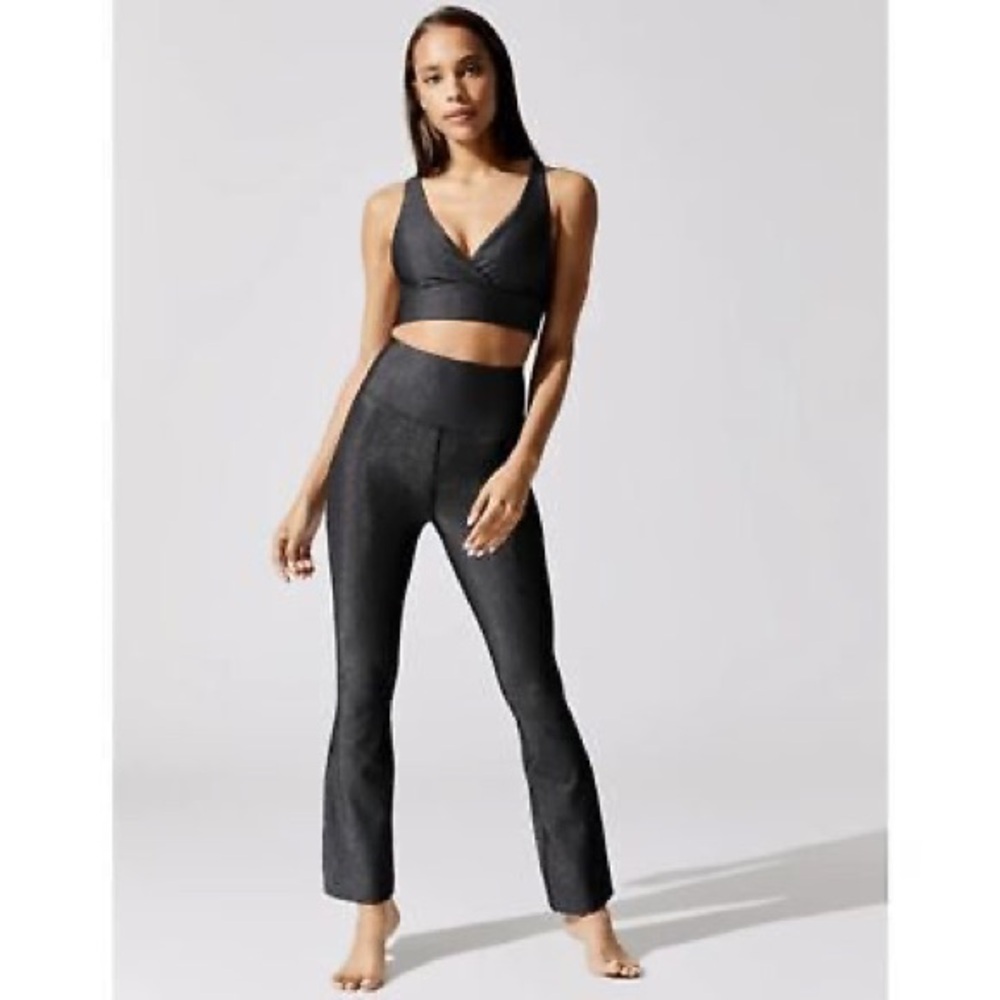 Carbon38 High Rise Flared Shimmer Pant in Black.